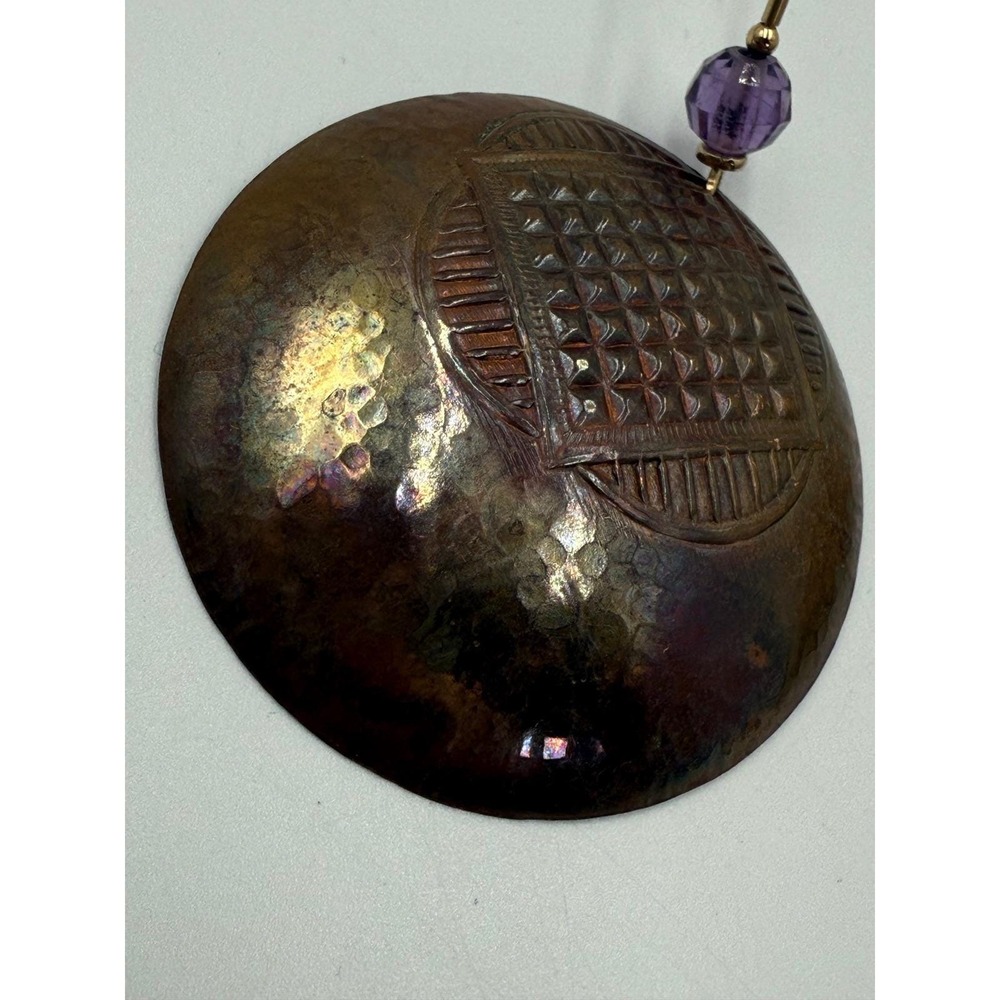 Handmade Hammered Copper Disc Earrings Amethyst Bead Geometric Boho Statement - Picture 3 of 6